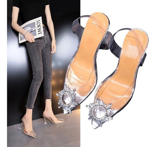 Zapato De Tacón Cristal Alto Puntiagudo Moda Para Dama Mujer