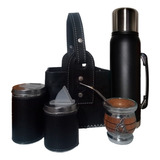 Set Matero Canasta Uruguaya Cuero Termo 1,2 L  Mate Madera