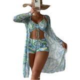 Full Print String Bikini With Beach Cover Up Kimono