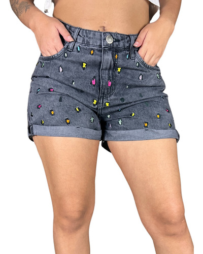 Shorts Feminino Jeans Oncinha Colors Cintura Alta Fashion 