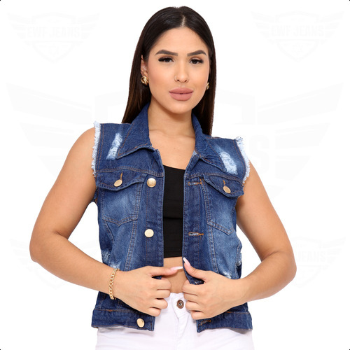 Colete Jeans Feminino Destroyed Com Bolsos E Barra - Escuro