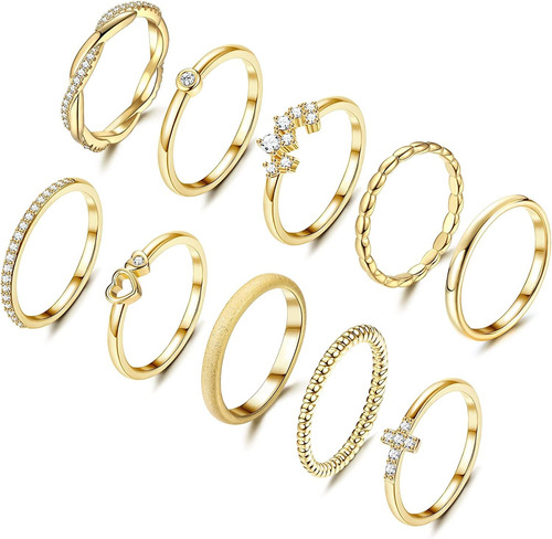 Fibo Steel 10 Pcs 14k Gold Plated Stacking Rings Set For Wom