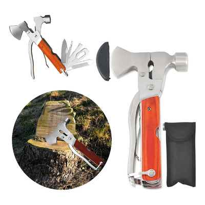 Multiherramienta Portatil Martillo Y Hacha 14 En 1 Con Funda Plateado