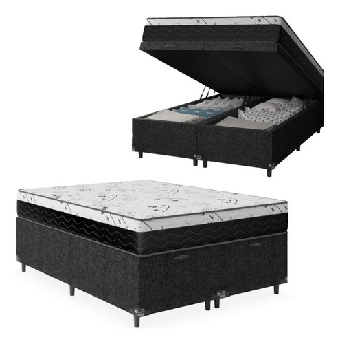 Cama Box Baú Casal Bipartido + Colchão D33 One Face - Preto