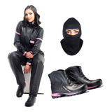 Capa De Chuva Feminina Bota Impermeável Pvc E Balaclava Moto