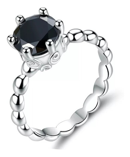 Anillo Solitario Piedra Negra Plata 925 Regalo Novia