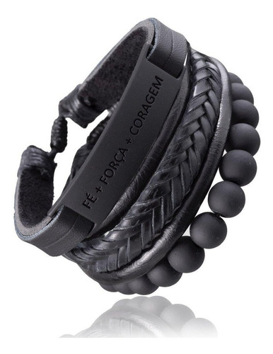 Pulseira Masculina Fé Força E Coragem Black 