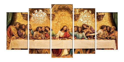 Quadros Decorativo Santa Ceia Dourada 5pc Kit 130x65 Rl13m5p Cor Da Armação Mdf