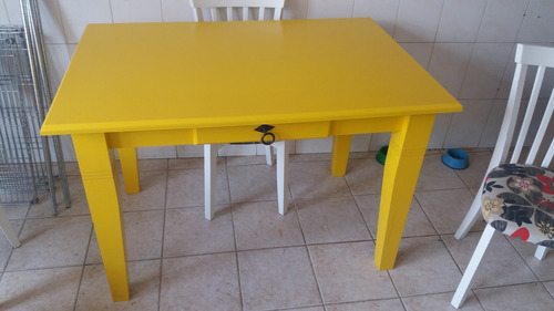 Mesa Jantar Amarela De Madeira Maciça 120x80x81 C/ Cadeiras