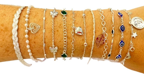 Pulseiras Feminina Folheadas A Prata Kit Com 12 Peças