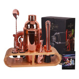 Set De Coctelería Bar Kit Utensilios Cobre Con Base Madera