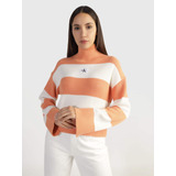 Suéter Naranja Con Franjas Y Logo Calvin Klein Jeans Mujer