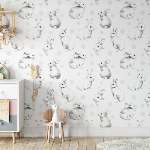 Vinil Wallpaper Tapiz Infantil Conejitos Decorativo Fácil Color Blanco Y Gris