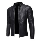 Chamarra De Piel Para Hombre, Motociclista, Cuello Alto