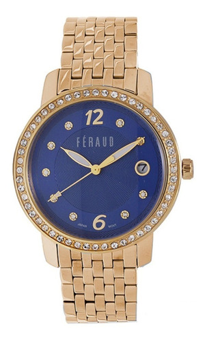 Reloj Feraud Mujer Dorado Piedras Azul Fecha Moda Lf20050lda