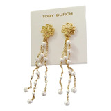 Aretes Tory Burch Logo Dorado Con Perlas Colgantes