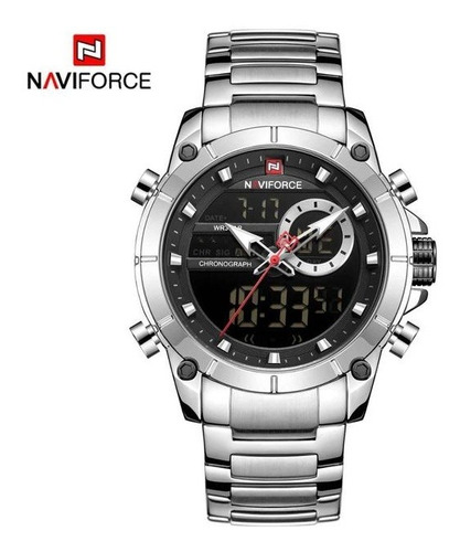 Relógio De Pulso Naviforce Nf9163 Com Corpo Prateado,  Analógico-digital, Para Masculino, Fundo  Preto, Com Correia De Aço Inoxidável Cor Prateado, Agulhas Cor Prateado, Branco E Vermelho, Subdials De