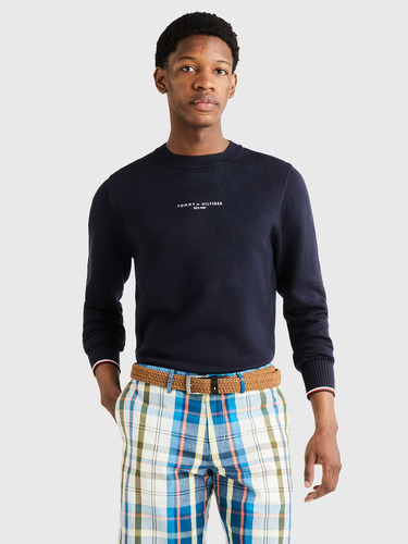 Sweater C-neck Con Logo Bordado Azul Tommy Hilfiger