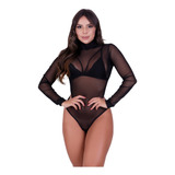 Body Feminino Tule Preto Manga Longa Gola Alta Inverno