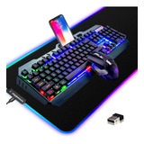 Kit Teclado Mouse Y Mouse Pad Rgb Led Gamer Inalambrico