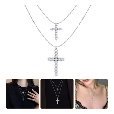 Juego De Collar De Cruz En Capas Plateadas,para Mujer,adornado Con Circonitas Simuladas, Elegante Colgante De Doble... Plateado
