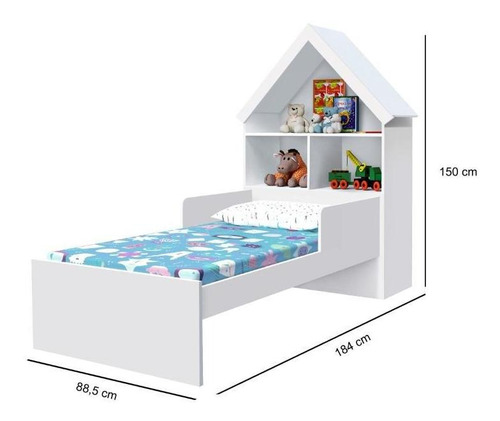 Cama Infantil Casinha Solteiro Prateleira Nichos Mdf Branco