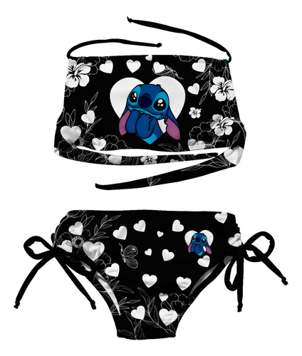 Biquíni Infantil Preto Lilo Stitch Corações Estilo Tropical