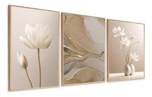 Quadro Decorativo Flores Abstrato Bege Sala Quarto 60x80cm