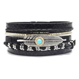 Kunbead, Pulseras Envolventes Cuero Negro Con Plumas Mujer,