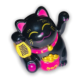 Maneki Neko Gato De La Fortuna Dinero Solar Mini Negro