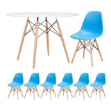 Kit Mesa Jantar Eames Wood 120 Cm 6 Cadeiras Eiffel  Cores Cor Da Tampa Mesa Branco Com Cadeiras Azul Céu