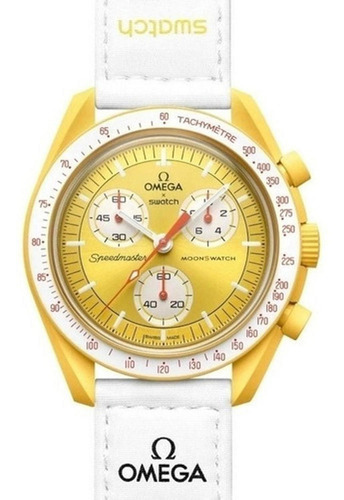 Reloj Swatch Omega Bioceramic Mission To Sun Color Del Fondo Amarillo Color De La Correa Blanco Color Del Bisel Amarillo