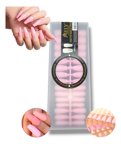 Uñas Postizas Tips Mely Soft Gel Matte Rosa Caja X300