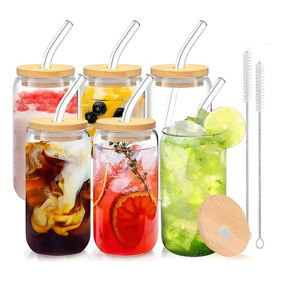 Set 6 Vasos Vidrio HORTA ANA MARIA 520ml Tapa Bambú y Sorbete | Envío gratis