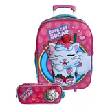 Mochila Escolar Gata Gatinha 3d Rodinhas Tam G + Estojo