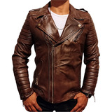 Chamarra Biker De Piel Para Hombre Chaqueta Cuero Café Slim