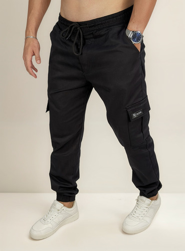 Calça Masculina Jogger Cargo Sarja Elastano Elastico Lisa