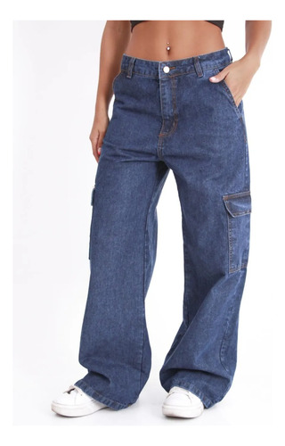 Pantalon Jean Mujer Wide Leg Cargo Talles Grandes 36 Al 48