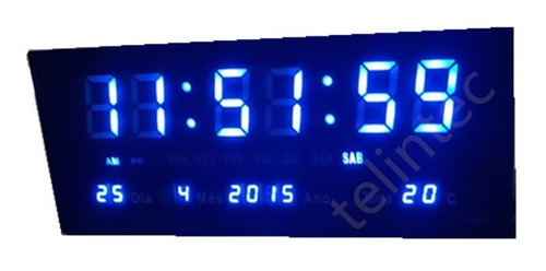 Relogio Digital Parede 36cm Azul Alarme Calendario Hora