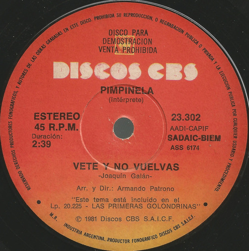 Pimpinela / Vete Y No Vuelvas - Simple Vinilo Promo