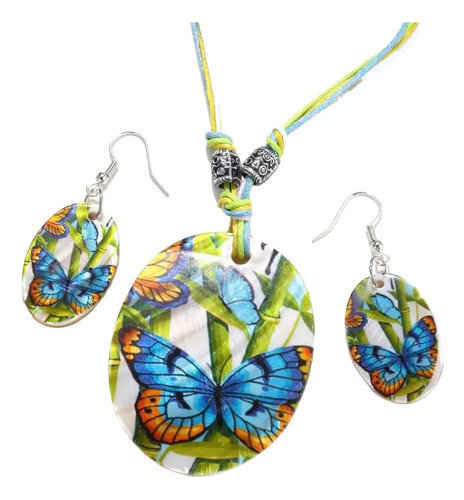 Juego De Aretes Y Collar De Concha Artesanales Esmaltados