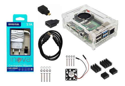 Fonte 3.1a Raspberry Pi4+ Case+ Cooler+ Dissipador + Hdmi