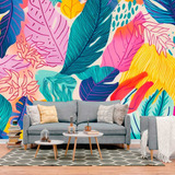 Papel De Parede Painel 3d Folhas Tropicais Coloridas 4m