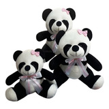 Ursa Panda De Pelúcia Laço Rosa Trio Para Nicho - 15 18 22cm