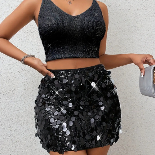Minifalda De Lentejuelas For Mujer, Ceñida Y Brillante, For