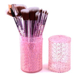 Set 12 Pcs Brochas Maquillaje Profesional Estuche Portatil Color Rosa