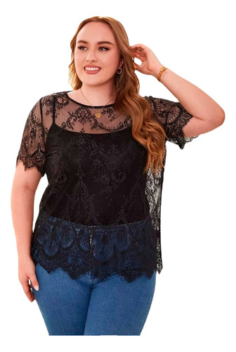 Blusa Remera Emery Rose Encaje Negro Transparente Plus Size