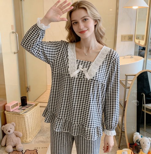 Pijama De Manga Larga A Cuadros Casuales Para Mujeres