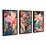 Trio Quadros Decorativos Parede Flores Hibiscos Coloridos