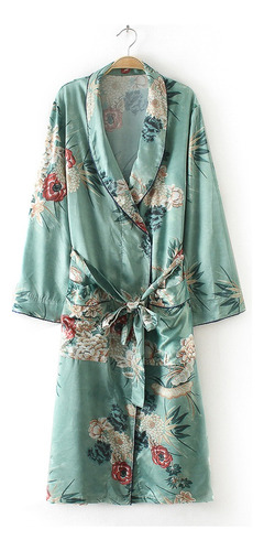 Vintage Mujer Retro Floral Estampado Largo Kimono Abrigo Cha